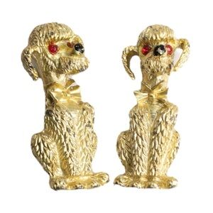 Vintage 1960s Gold Plated Poodle Dog Pin Brooches Set of 2 Small Collectible